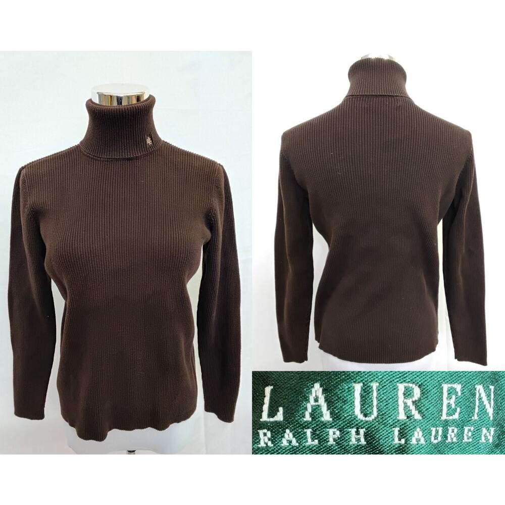 Lauren Ralph Lauren Roll Over Turtle Neck Women's M Brown Cropped Vintage #Z5366